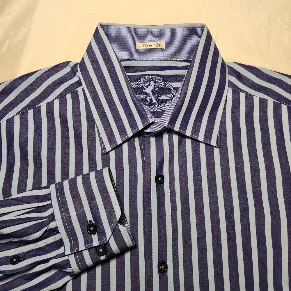 Bugatchi Shaped‎ Fit Mens Button Down Dress Shirt Blue Stripes Size Large